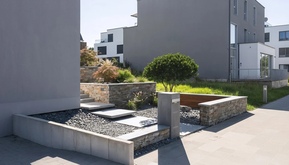 Jardin contemporain avec terrasse circulaire en pavés de pierre naturelle, mobilier outdoor violet (poufs cylindriques), banc en bois suspendu
